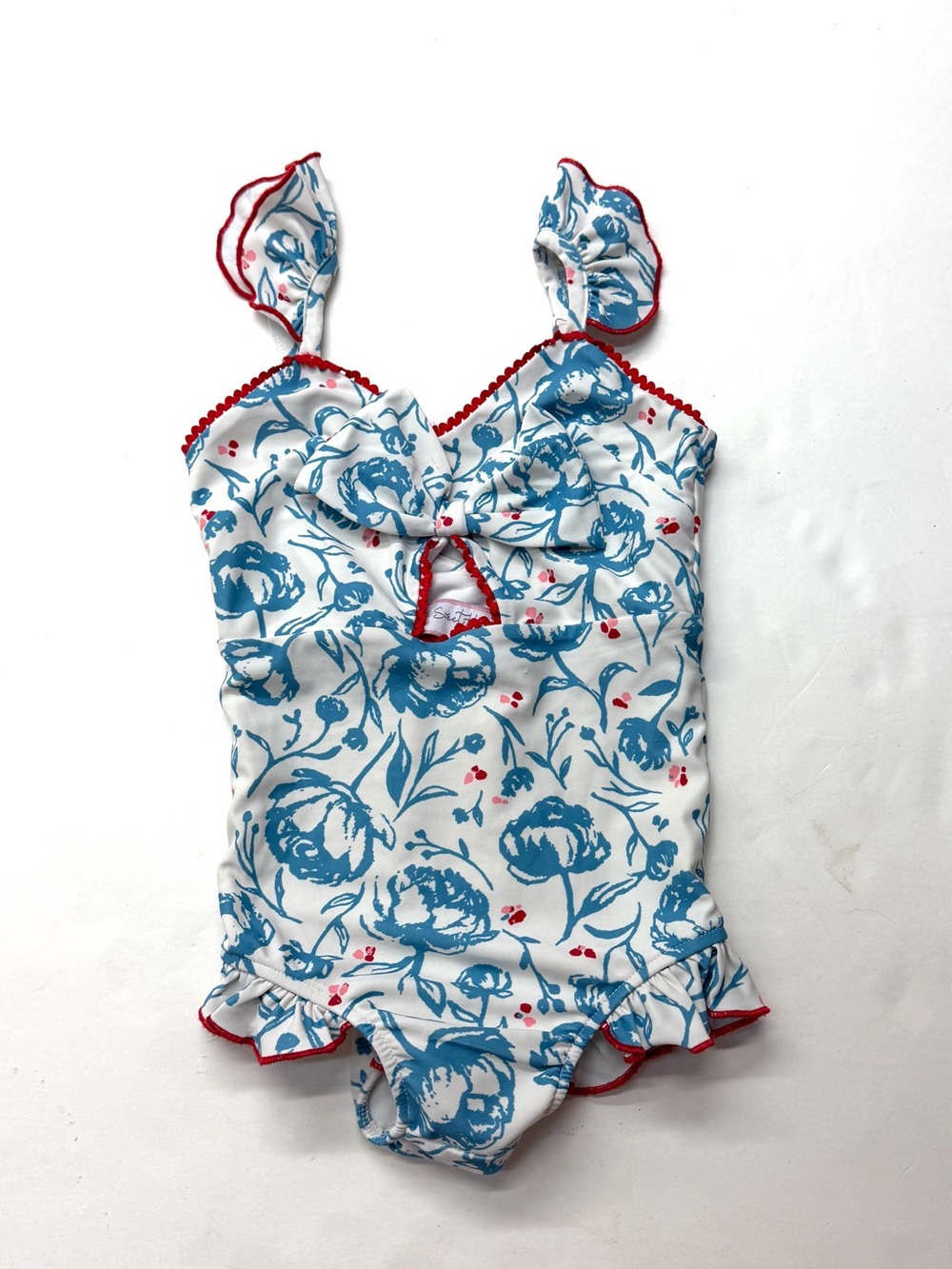 SweetHoney Girls Blue Floral Ruffle One-Piece Swimsuit with Red Trim Retro